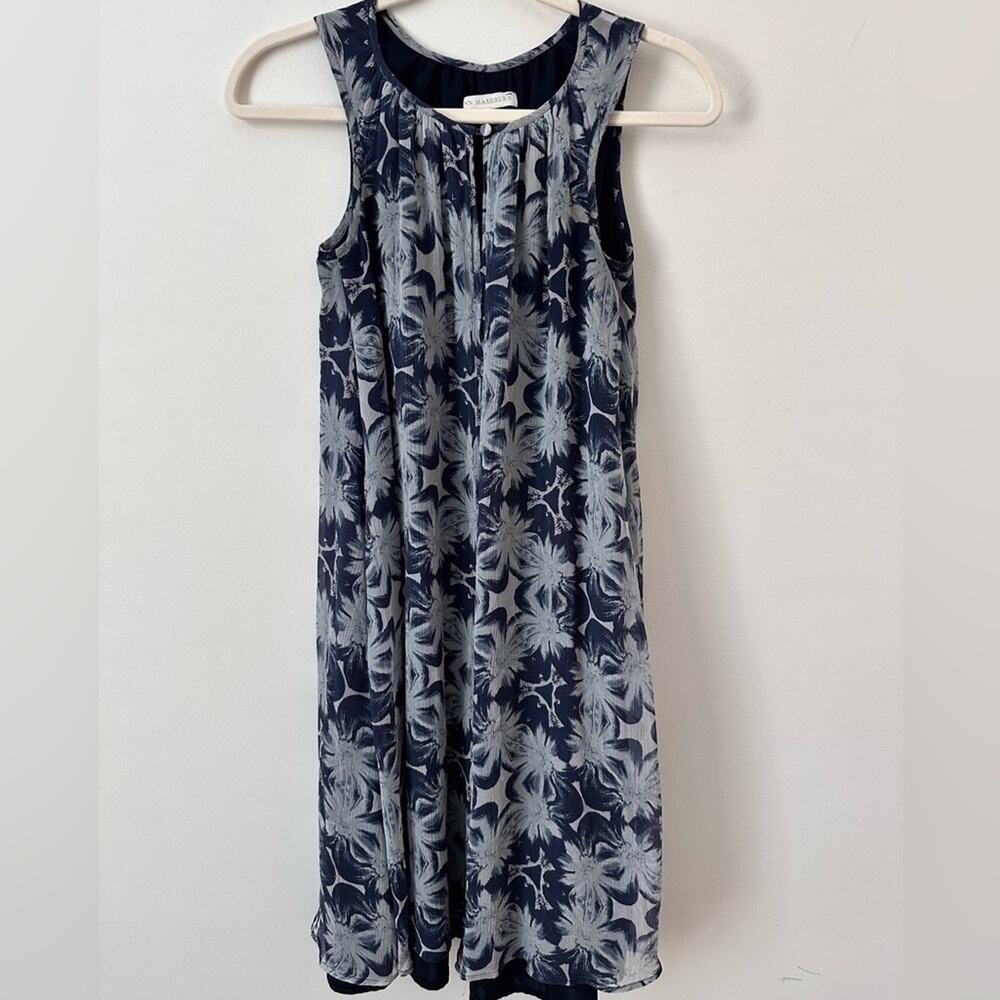 Ann Mashburn 100% Silk Navy Floral Trapeze Swing Dress Women's XS Fully Lined